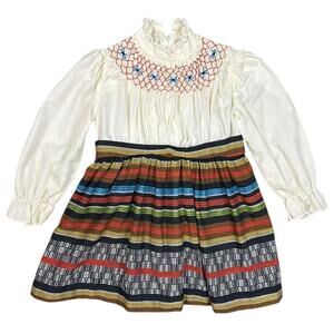 Vintage 70's Girl's Dress Smocked High Neck Serape Stripe Long Sleeve Floral